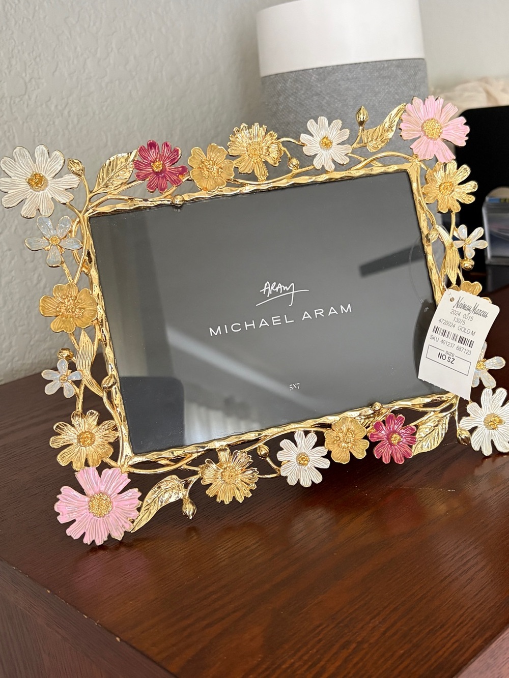 Michael Aram Gold Floral Picture Frame with Pink & White Enamel
